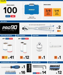 Kobalt Centennial 100-Piece Standard (SAE) and Metric Combination Polished Chrome Mechanics Tool Set (1/4-in; 3/8-in) - Hand Tools -Kobalt Sales Store 40333067 scaled