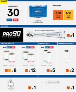 Kobalt 30-Piece Standard (SAE) and Metric Combination Polished Chrome Mechanics Tool Set (3/8-in;) - Hand Tools -Kobalt Sales Store 47832736 scaled